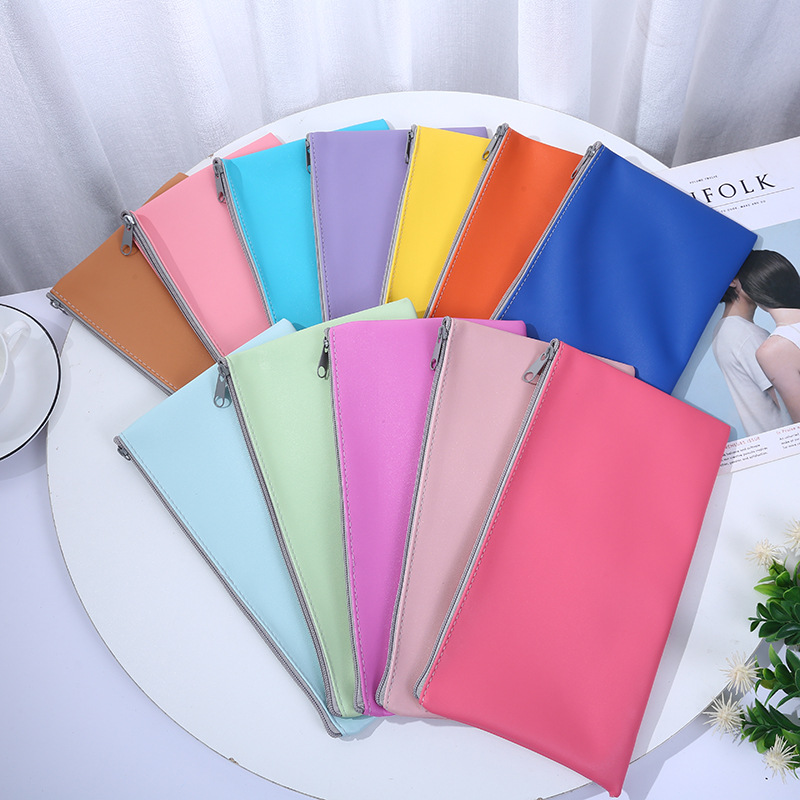 跨境专供防水皮革文件袋彩色存款袋灰灰色拉链式档案pu皮资料包批