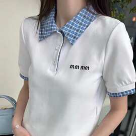 高版本现货假两件拼接polo领短袖T恤女减龄学院风上衣情侣短袖潮