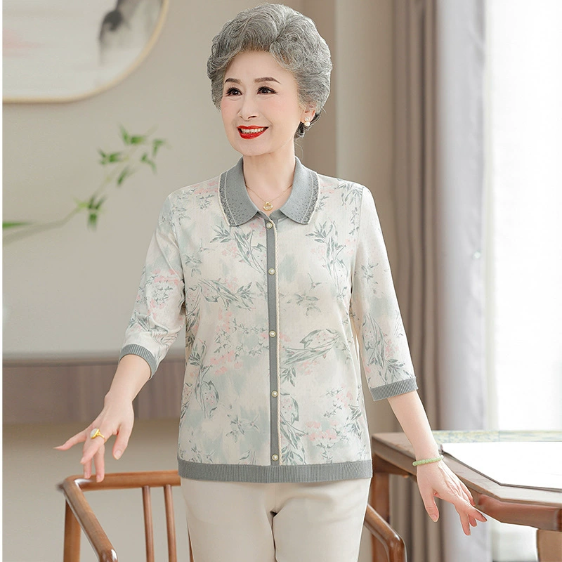 Старушка летняя футболка со льдом бабушка отворот 2025 новая средняя и пожилая женщина летняя мама с рукавами