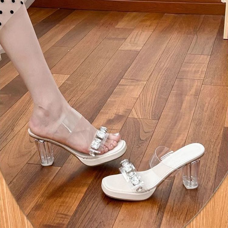 French-Style Crystal High-Heeled Slippers for Women, Transparent Rhinestone Thick-Soled Fairy-Style Sexy Chunky Heel Sandals, Summer 2025