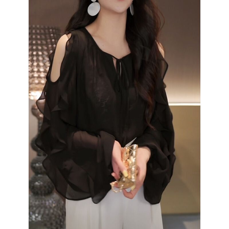 French-style black tie-neck off-shoulder blouse for women, summer 2026 new model, elegant and beautiful top French-style black tie-neck off-shoulder blouse for women, summer 2026 new model, elegant and beautiful top