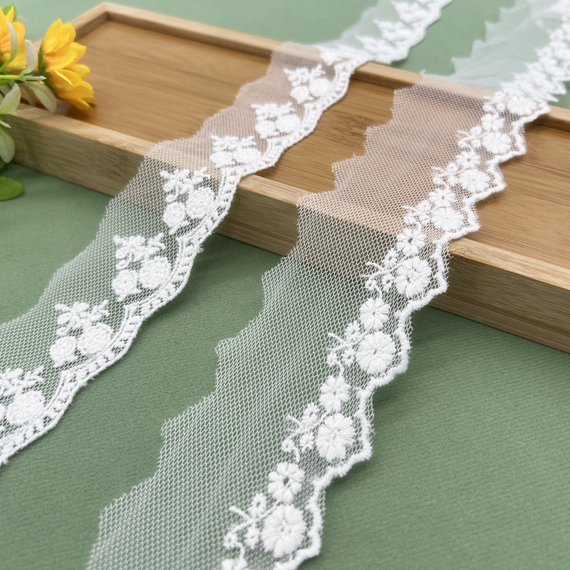 米白色单边软网纱花边刺绣洛丽塔发饰头饰材料DIY饰品配件辅料带