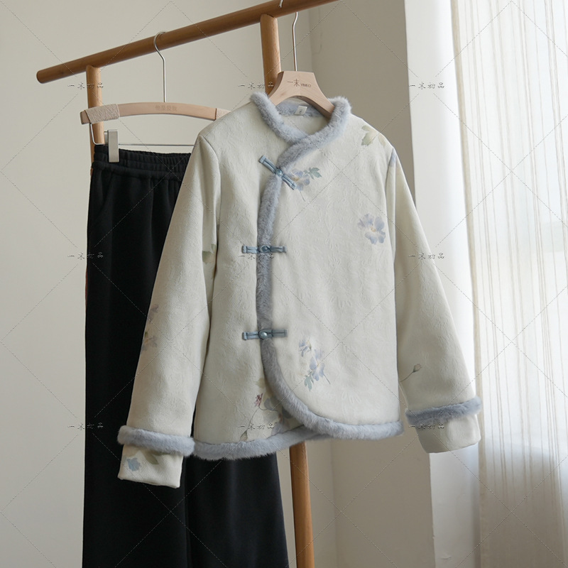 5402 "Lan Xin" Original New Chinoiserie Warm Oblique Lapel down Jacket Round Neck Printed Raw Edge Jacket