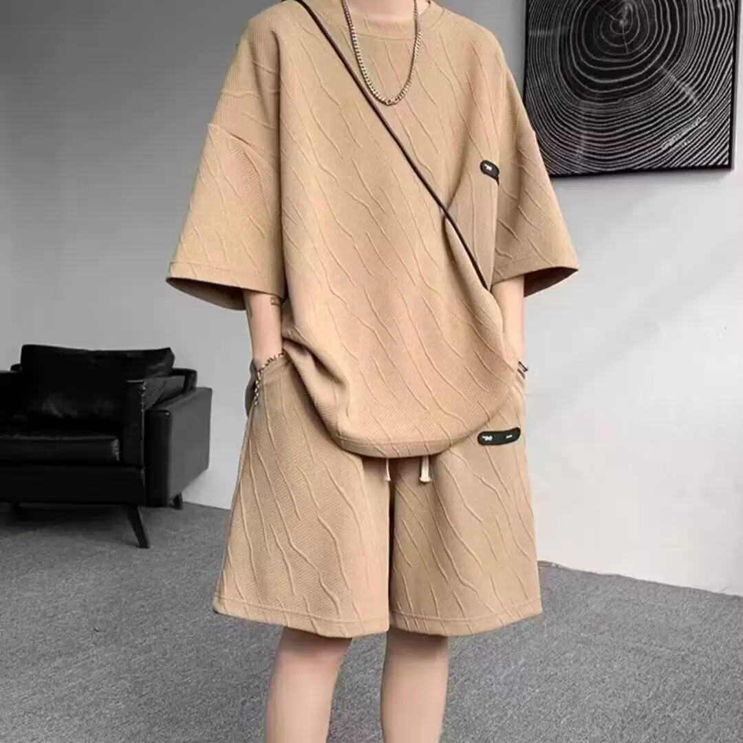 重磅华夫格五分T恤套装男ins港风夏季休闲宽松时尚五分裤运动套装