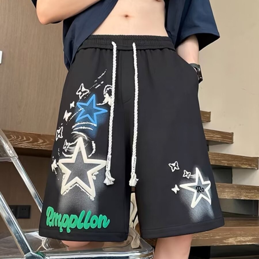 夏季短裤男生潮牌印花宽松休闲五分裤子小众设计感美式复古运动裤