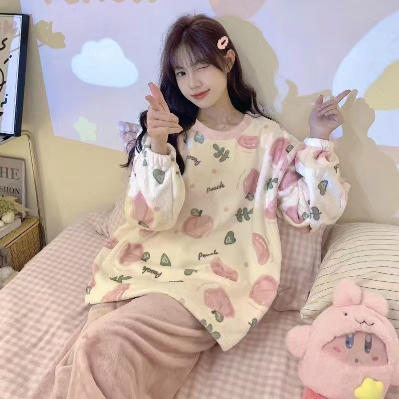Pijamas de invierno las mujeres coral fleece dulce lindo Otoño e Invierno engrosada franela corte princesa estilo desgaste del hogar traje