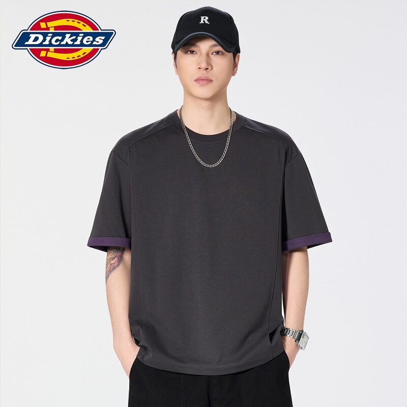 Dickies Special Edition Japanese-Style Heavyweight Short-Sleeve T-Shirt for Men, Summer Solid Color Loose Fit Five-Quarter Sleeve Tee, Versatile