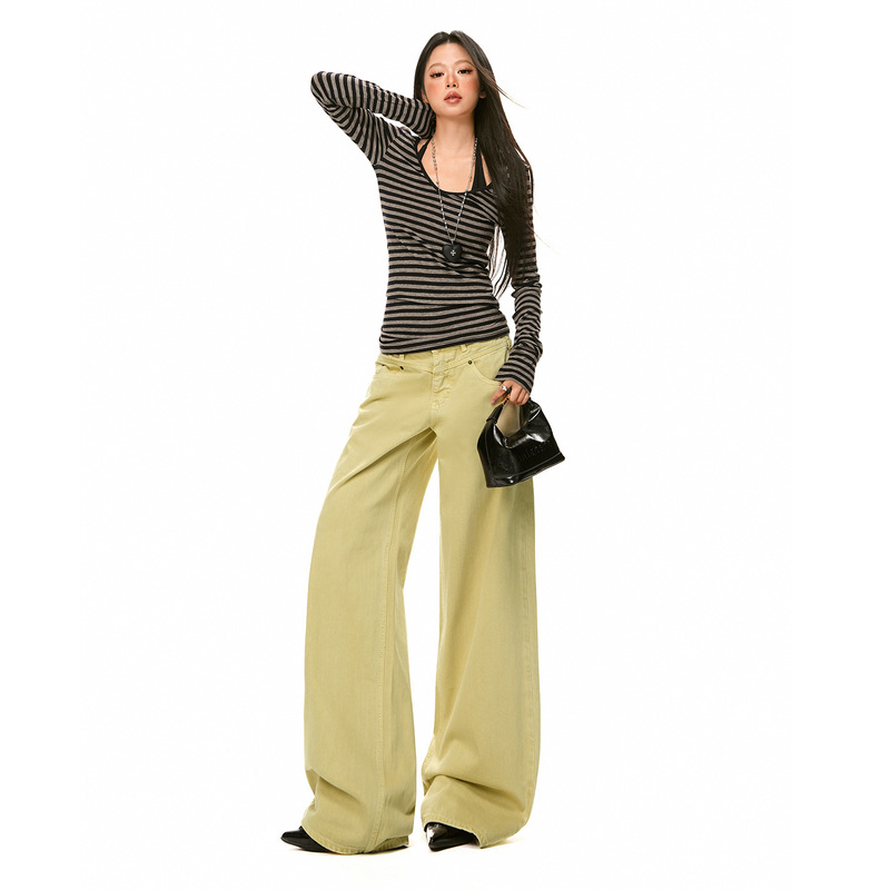 XSD 【New Product】！2026 Autumn｜Mid-low waist custom-dyed straight narrow wide-leg jeans with rabbit fur