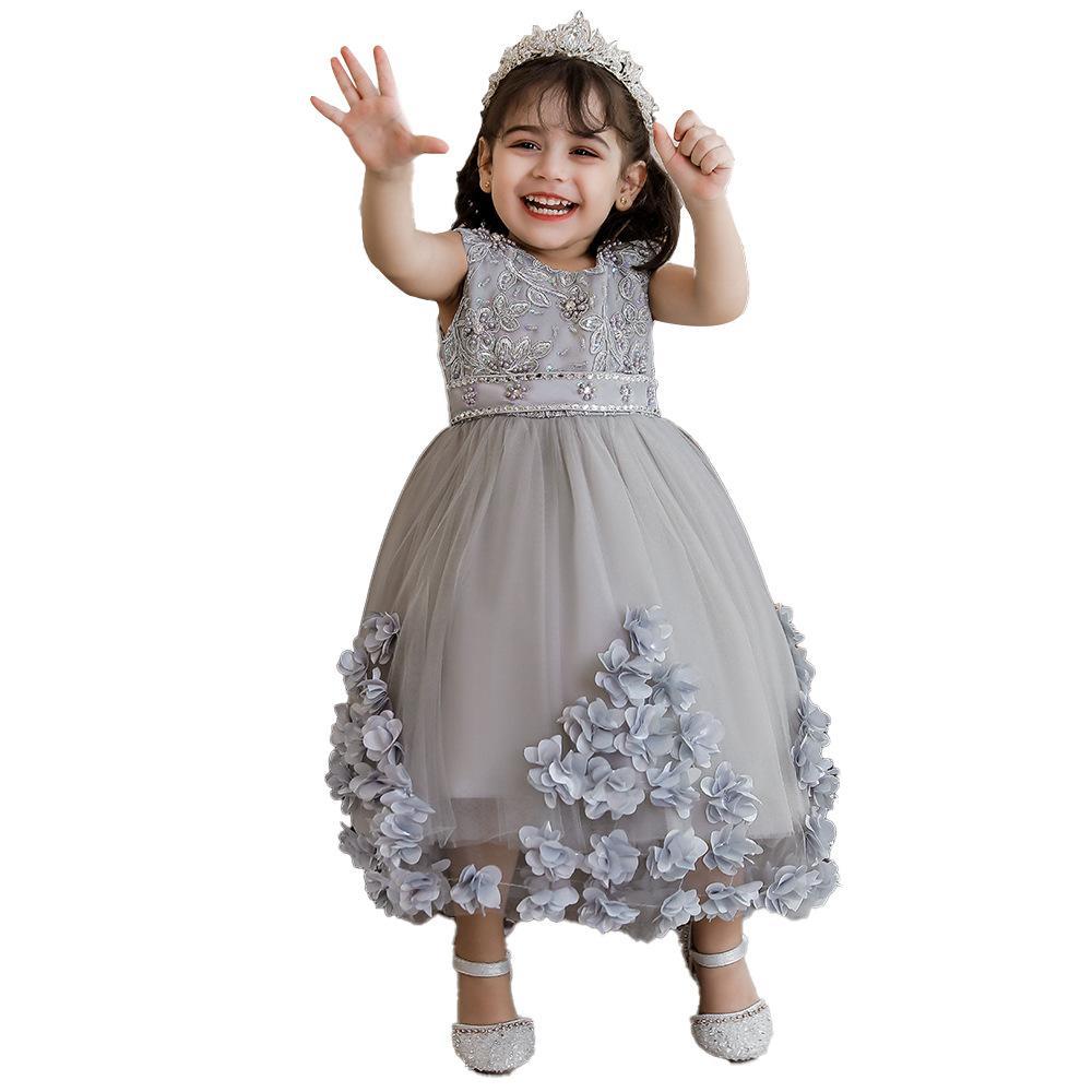 Suministro transfronterizo vestido para niños vestido de novia de niña de flores tridimensionales vestido de princesa mullido de niña vestido de niños