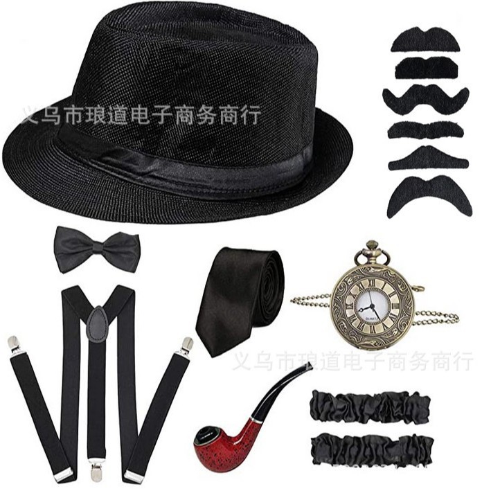 1920s Men's Gatsby Prom Party Top Hat Pipe Pocket Watch Strap Tie Set Cross Border Wholesale