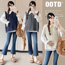 孕妇装秋季新款韩版时尚气质宽松显瘦娃娃领衬衫针织马甲两件套