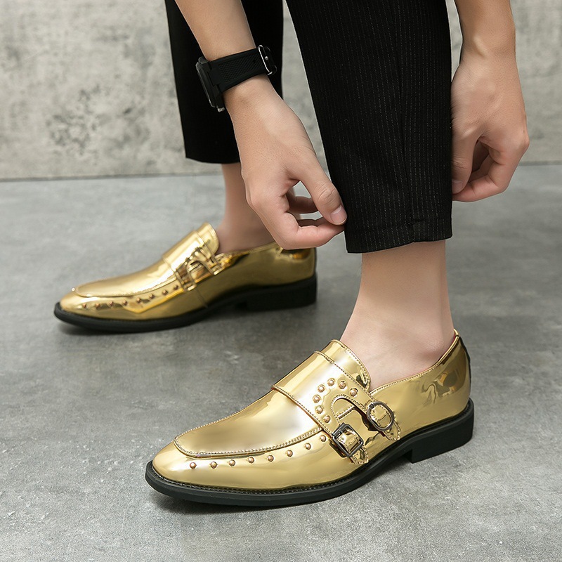 Cross-border 46 puntos brillantes de doble aguja zapatos de hebilla de cuero para hombres británicos peluqueros casuales Rolex zapatos punk zapatos de boda