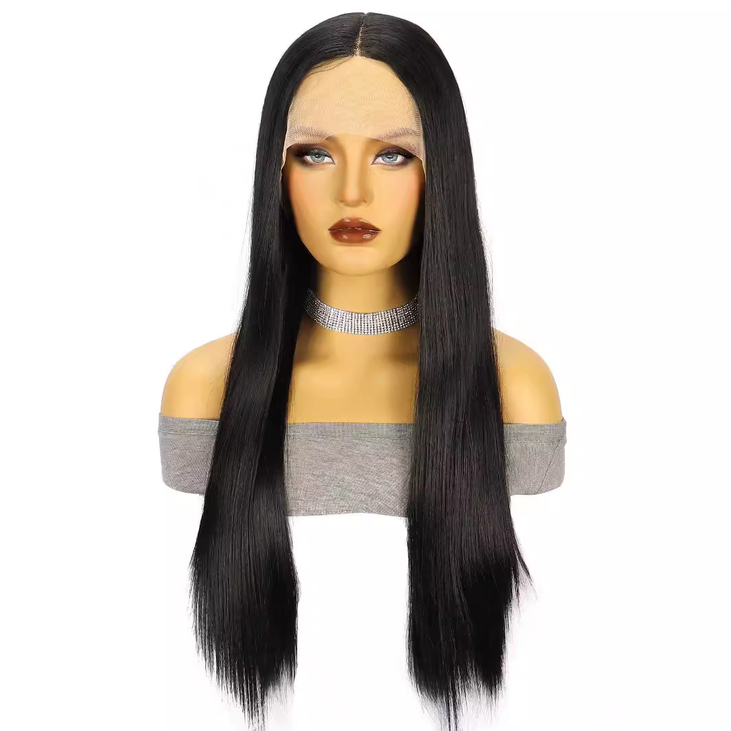 Transfronterizo europeo y americano de encaje 13*4 de las mujeres de largo pelo recto frontal de encaje medio punto de fibra química tocado xuchang pelucas de fábrica