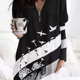 9303#亚马逊wish秋冬新款宽松时尚数码印花长袖拉链V领口袋上衣