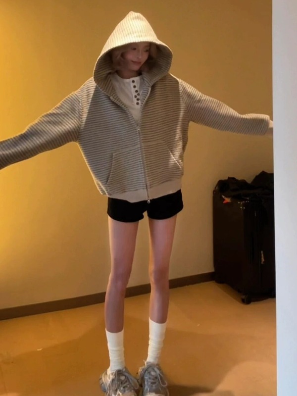 美式复古氛围感宽松条纹开衫连帽卫衣女早秋季休闲长袖外套女装潮|undefined
