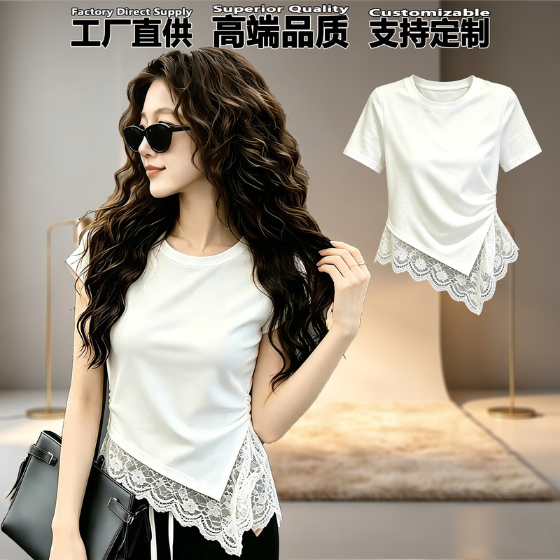 Irregular Hem Lace Splicing Short-Sleeved T-Shirt for Women, Summer Korean Style, Slimming and Versatile, New Style Top for Women Irregular Hem Lace Splicing Short-Sleeved T-Shirt for Women, Summer Korean Style, Slimming and Versatile, New Style Top for Women