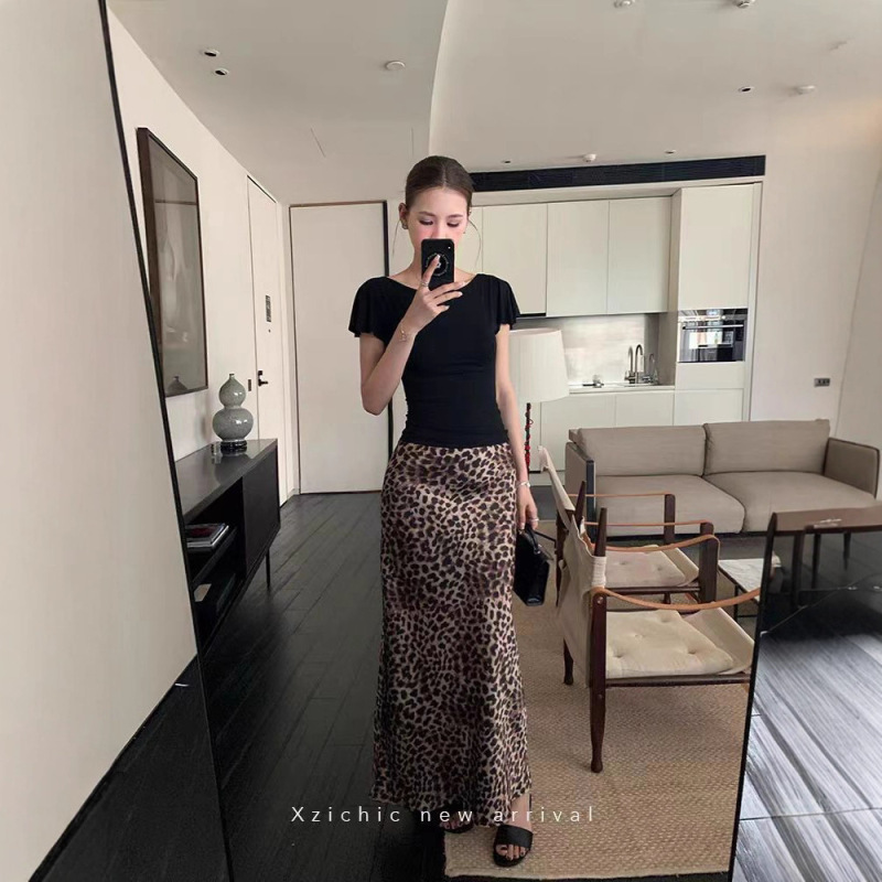 Xzichic美式豹纹印花半身裙女2025夏季新款时尚裙子斜裁显瘦长裙|undefined