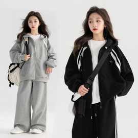 女大童条纹运动风秋装两件套中大童2024秋季连帽长袖开衫长裤套装