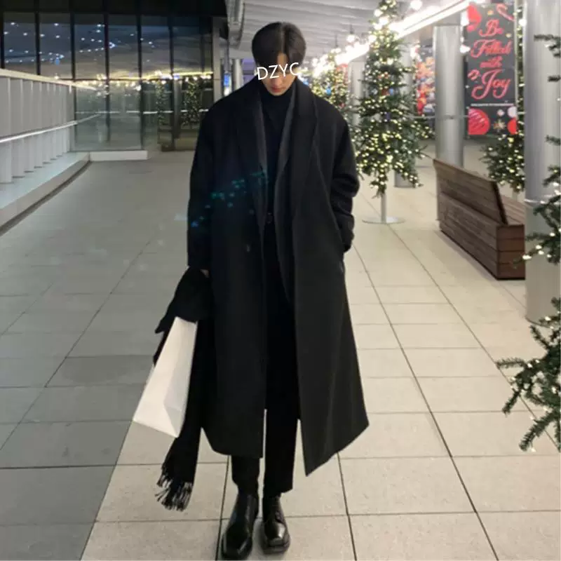 Демисезонное шерстяное пальто-тренч, мужское, в oversized английском/корейском стиле, средней длины, тёплое