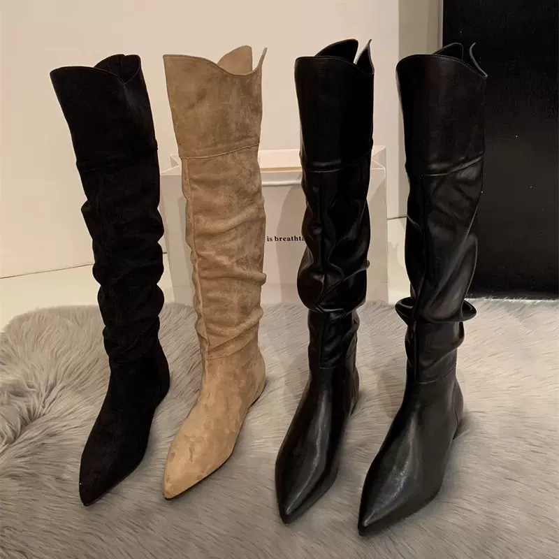 2026春季新款覆古百搭尖头绒面增高高筒靴女褶皱堆堆长筒骑士靴女