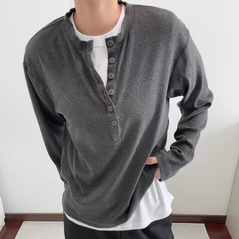 Men's Henley Long Sleeve T-shirt Solid Colour Base Pullover_voghion.com