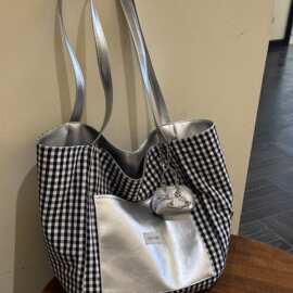 韩系感双面背银色托特包女2025新款黑白格子大容量通勤电脑包