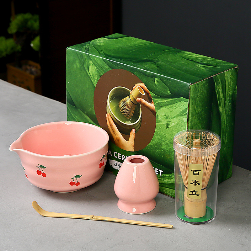 跨境抹茶碗套装樱桃蝴蝶结心形图案花纸陶瓷百本立茶筅点茶系列|undefined