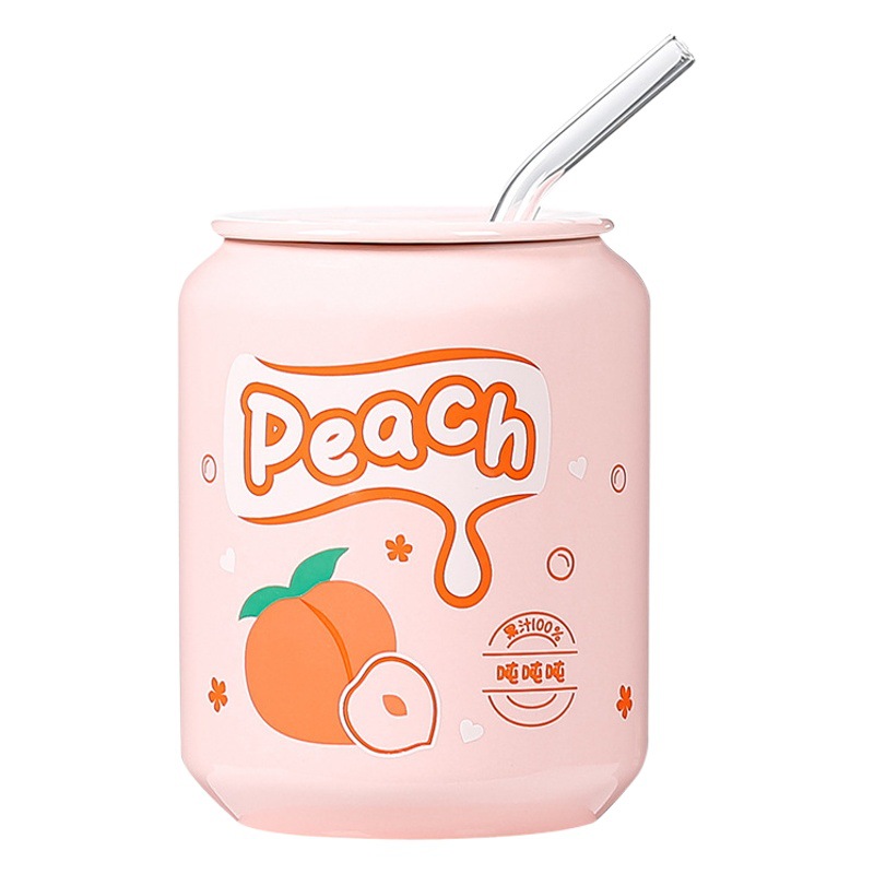 Taza de cerámica tipo lata con pajilla, diseño creativo