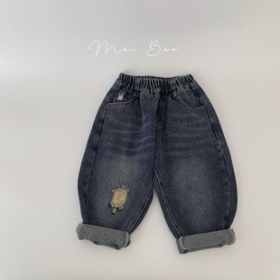 Maibao's 2023 Autumn Jeans for Small and Medium-Sized Children's Clothes with Holes and Labeled Trousers Korean Style Easiest for Match Casual Pants