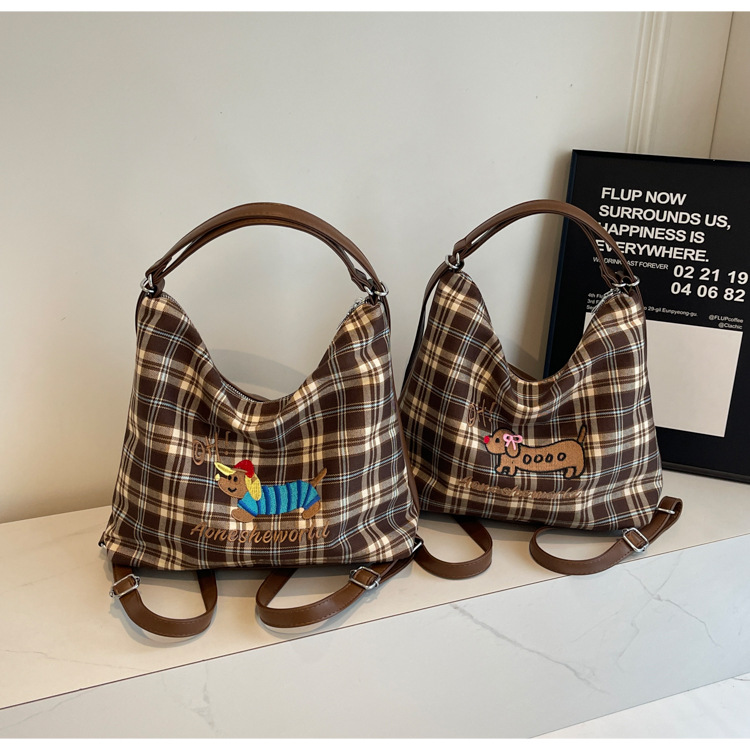 New Super Hot Large Capacity Women's Cute Sausage Dog Plaid Shoulder Autumn/Winter Versatile Fashion Simple Tote Bag_voghion.com