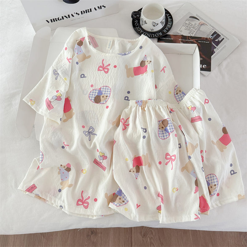Transfronterizo al por mayor pijamas de algodón nubes de dibujos animados ropa de casa de mujer chaqueta manga corta pantalones cortos set set de cuello redondo set de dos piezas