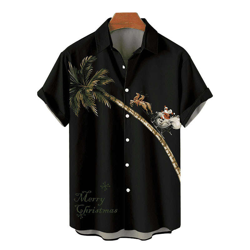 Camisa de manga corta de venta caliente de hombre de talla extra grande de comercio exterior Santa Claus Camisa de solapa de manga corta transfronteriza con impresión digital 3D