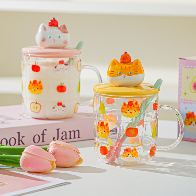 Gato estereoscópico pintado a mano alta resistencia al calor de vidrio de silicio de alta calidad de oficina con cubierta de cuchara de agua taza de dibujos animados taza de marca