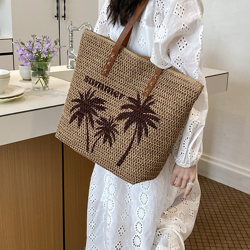 Beach Vacation Style Large Capacity Coconut Tree Print Straw Bag Women's Summer New Woven Shoulder Bag - Thumbnail 4