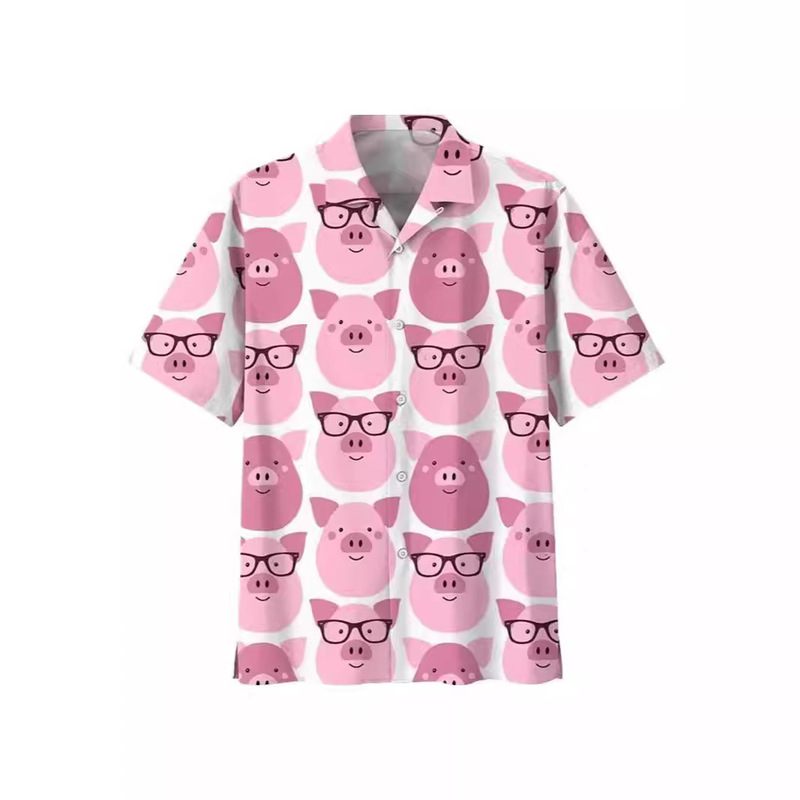 Summer New Men's Shirt 3D Printed Cartoon Pig Pattern Hawaiian Shirt Casual Lapel Shirt T-Shirt