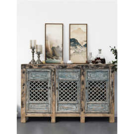 新中式实木复古做旧餐边柜镂空柜子隔断柜玄关柜三门收纳柜装饰柜