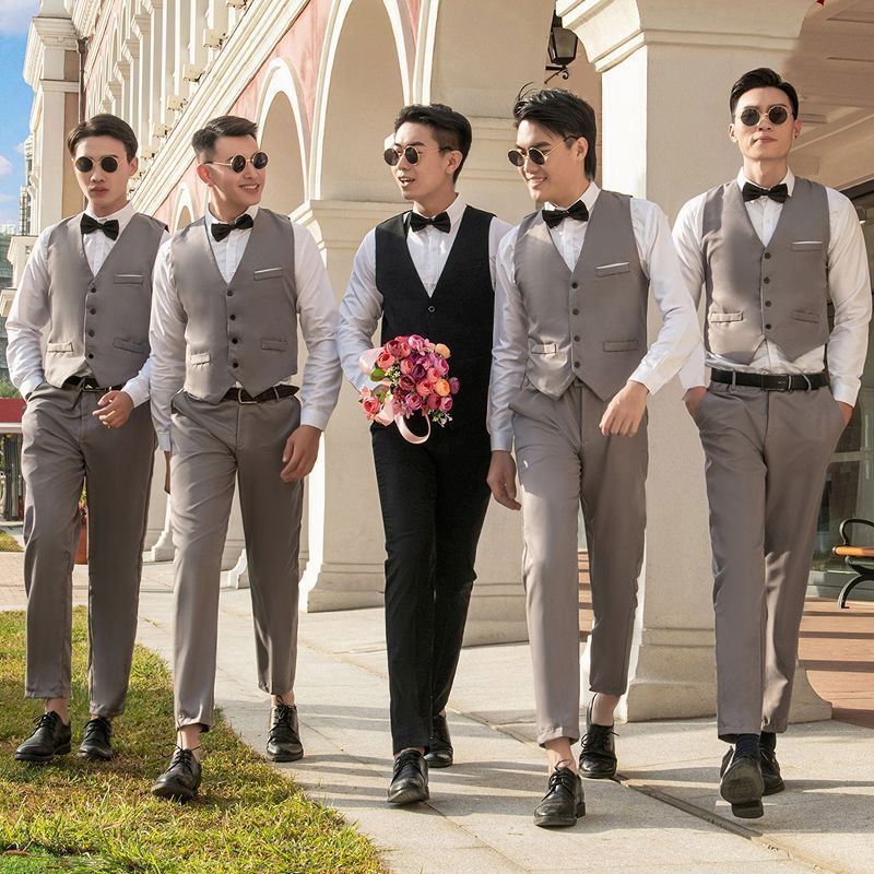 連れ合い服男兄弟団装夏シャツズボン新郎結婚ドレス馬甲三点セットスーツセット|undefined