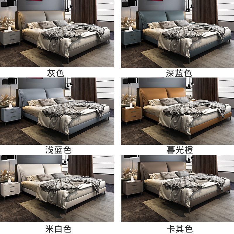 Italian leather bed, modern minimalist 1.8m master double bed with soft velvet feather backrest, luxurious high-box storage wedding bed