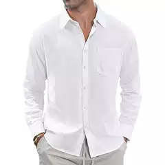 2025 Cross-Border Cotton Linen Shirt for Men with Collar and Pockets – Lightweight Long Sleeve Chef Jacket / Linin Button-Up Blouse for Amazon EBAY