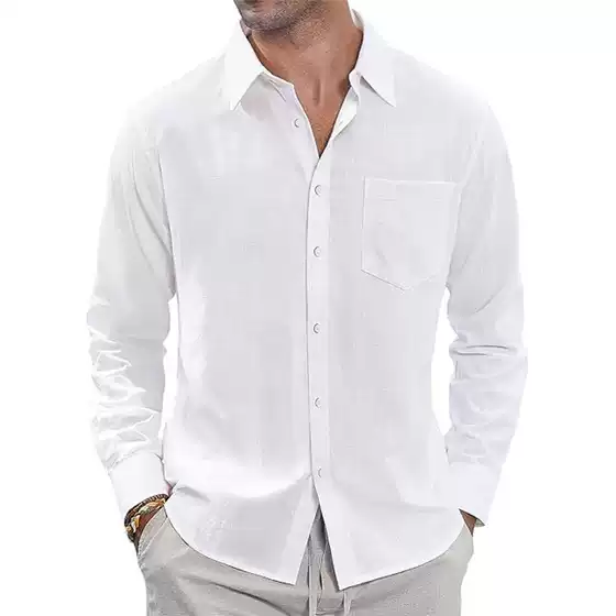 2025 Cross-Border Cotton Linen Shirt for Men with Collar and Pockets – Lightweight Long Sleeve Chef Jacket / Linin Button-Up Blouse for Amazon EBAY