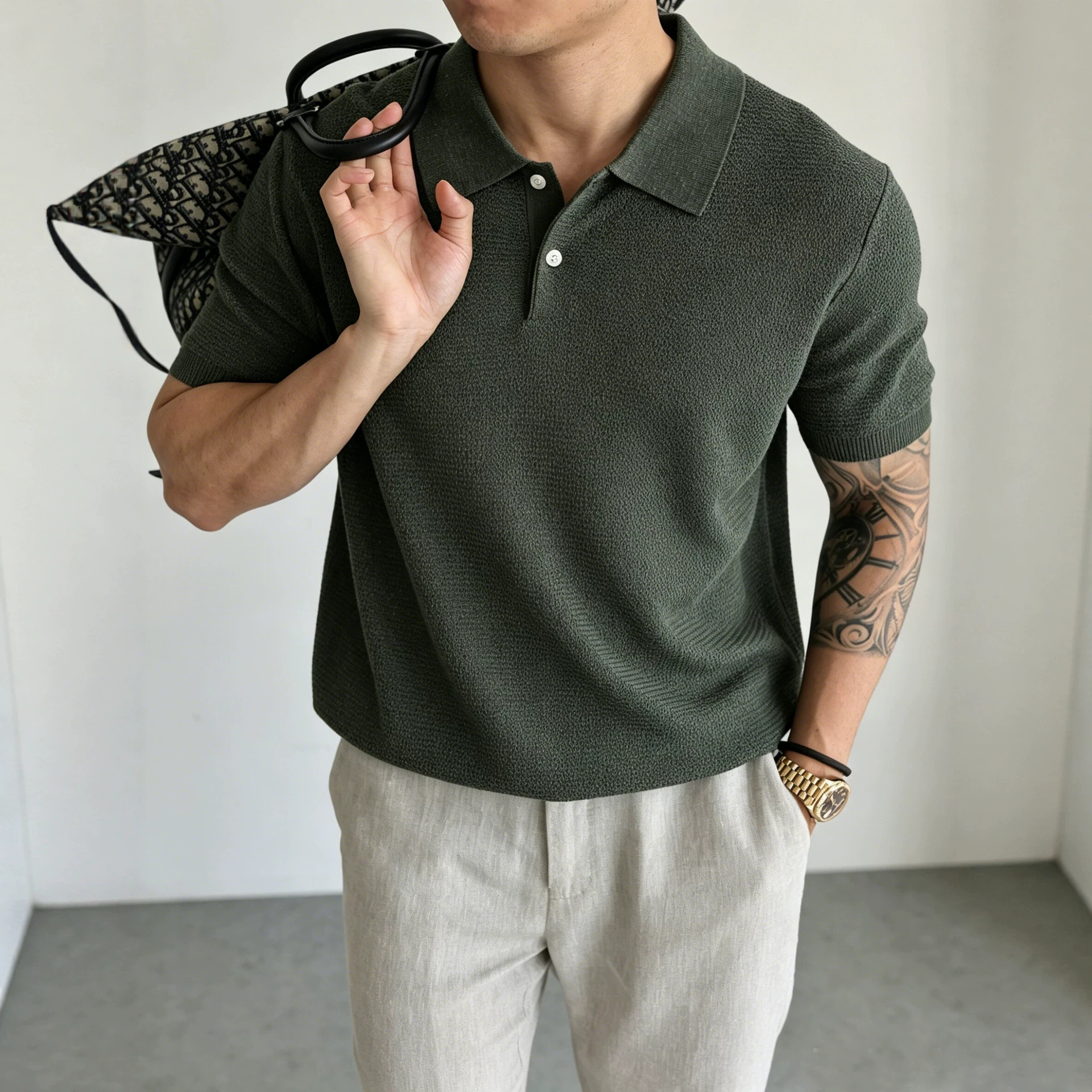 LP [Tencel Linen] Italian Old Money Style Polo Shirt Men's Summer Textured Knit Casual Retro Short-Sleeve T-Shirt