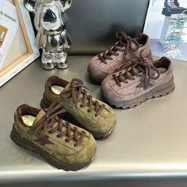 厚底丑萌面包鞋女2025秋冬新款休闲系带大头加绒增高勃肯板鞋