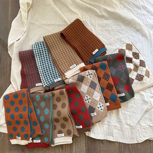Korean style retro chessboard Plaid polka dot British Plaid knitted children's scarf boys and girls Autumn and Winter All-matching long scarf baby fashion