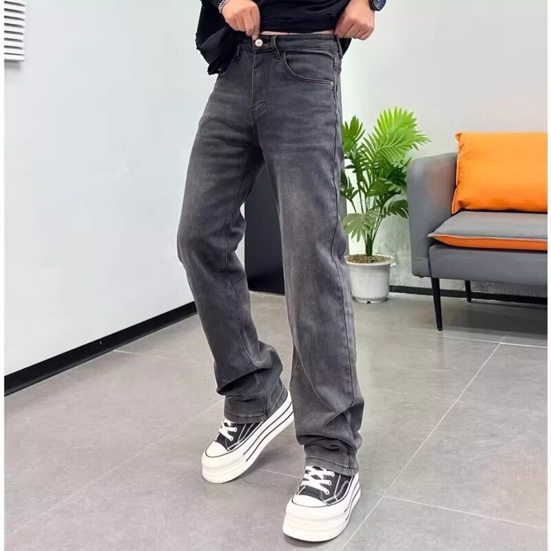 Washed Gray Straight-Leg Jeans, Slimming and Versatile, Trendy Men's Clothing, New Year's Day Layering Pants, Men's Jeans, Durable