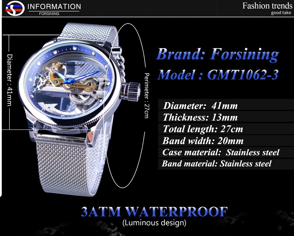 Forsining Men's Transparent One Machine Mechanical Watch Automatic Mesh Belt Hollow Stainless Steel Waterproof Watch_voghion.com