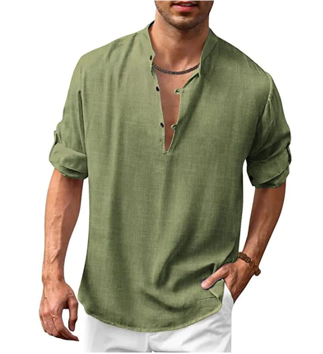 2022 Amazon estación independiente Comercio exterior Otoño e Invierno hombres Lino Henley camisa soporte collar manga larga casual playa camisa