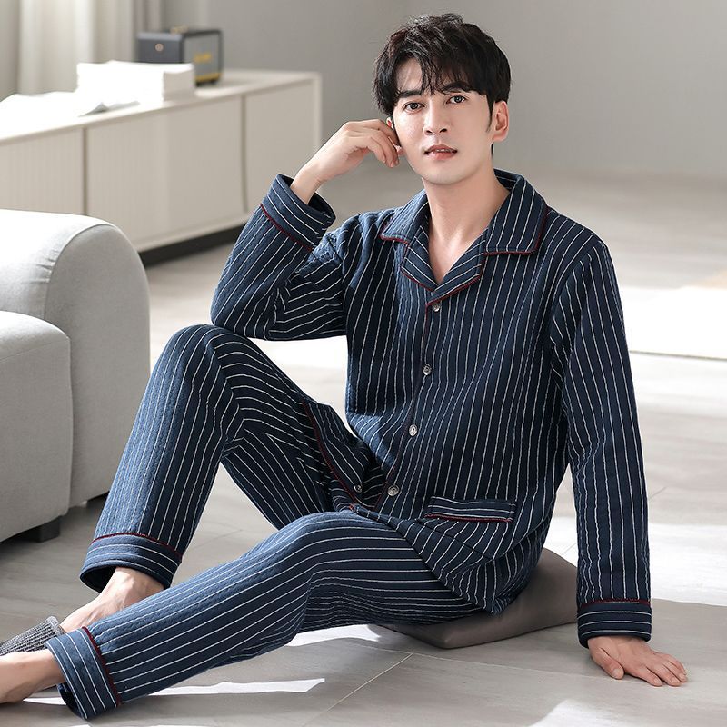 Pijamas de algodón puro para hombres de primavera y otoño engrosado de manga larga para hombres de otoño e invierno ropa de hogar de invierno para hombres acolchada fina
