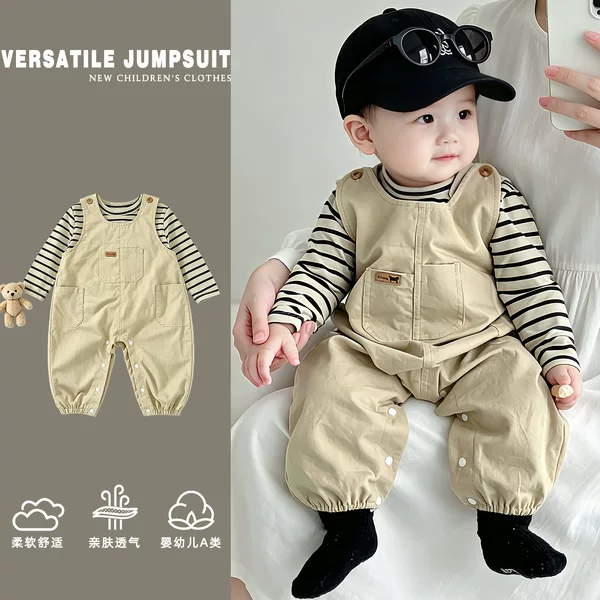 Baby Clothes 2026 Spring and Autumn Versatile Striped Top and Overalls Stylish Baby Romper Set