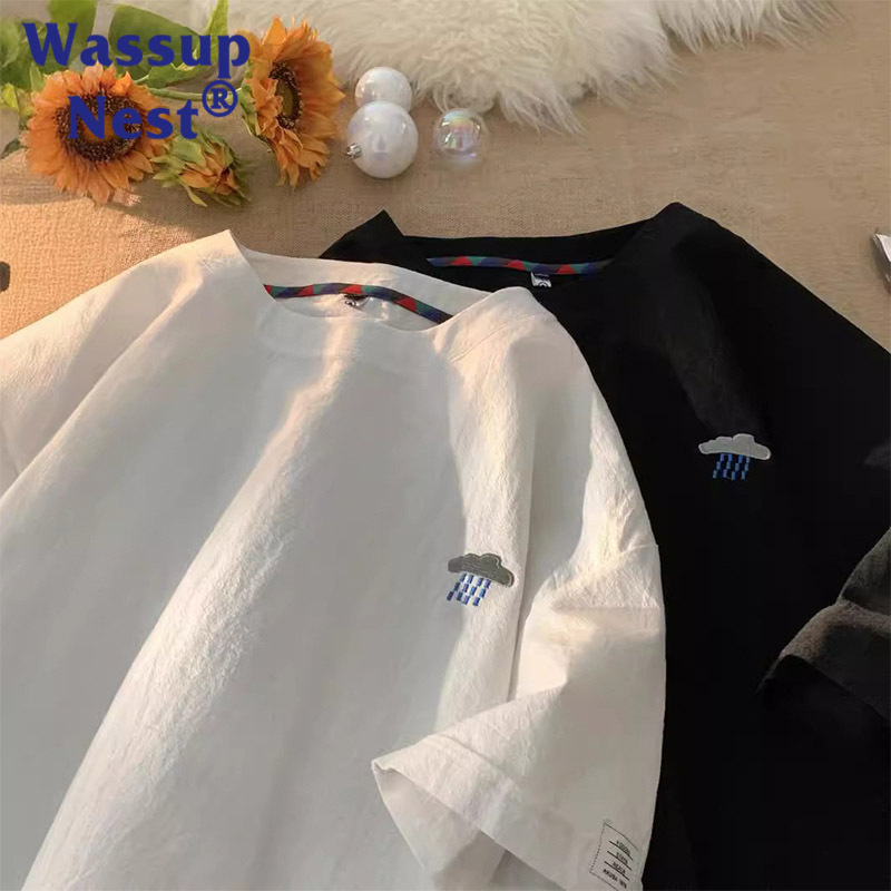 Wasuup Embroidered Cotton and Linen Short-Sleeved T-Shirt Men's Summer Loose Large Size Silhouette Clothes Trendy Brand Men's Linen