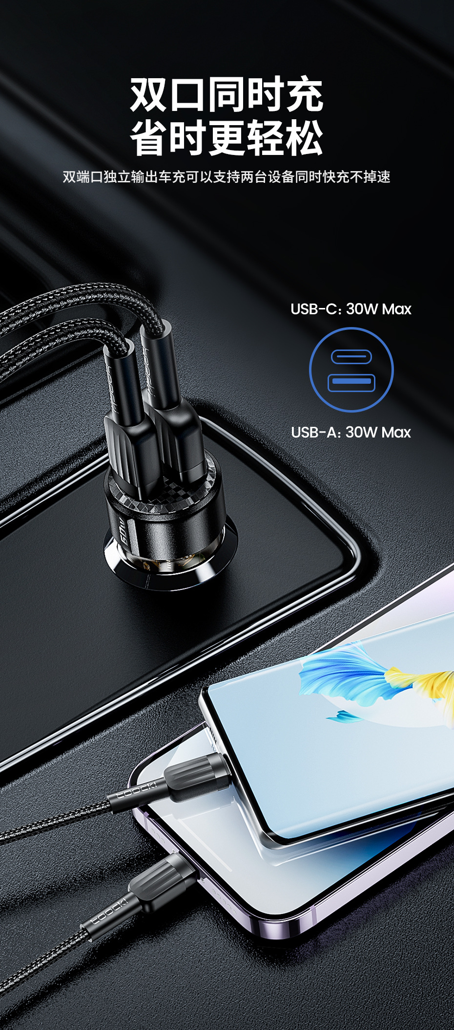 Toocki Linglong Series Transparent Black Tea 60W Dual Port A C Multi-Protocol Compatible Mini Super Fast Charger